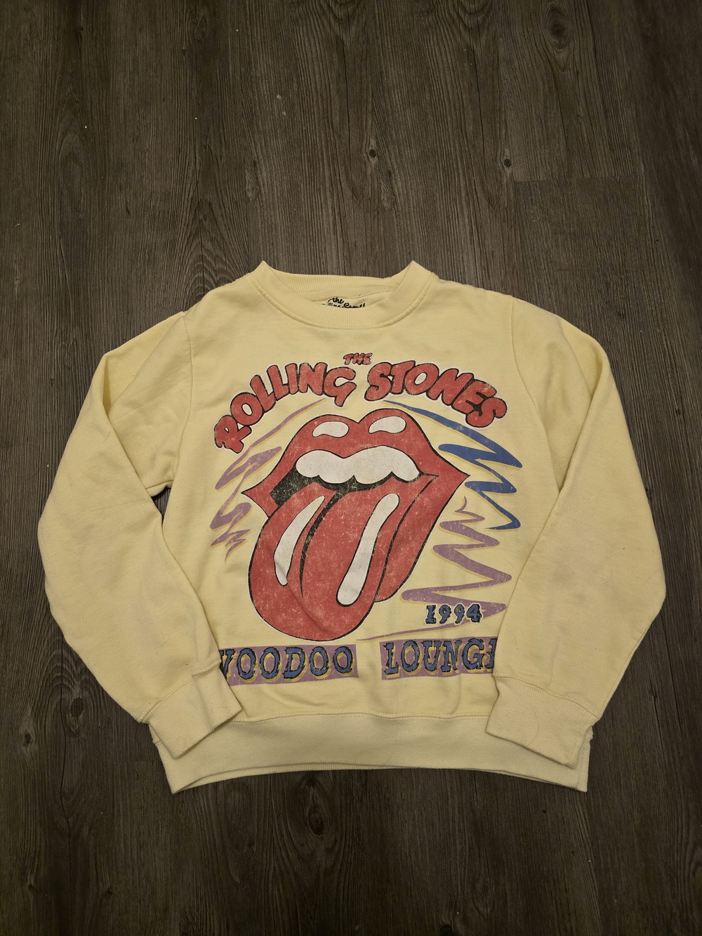 the Rolling Stones Pale Yellow Crewneck with Red Tongue Graphic